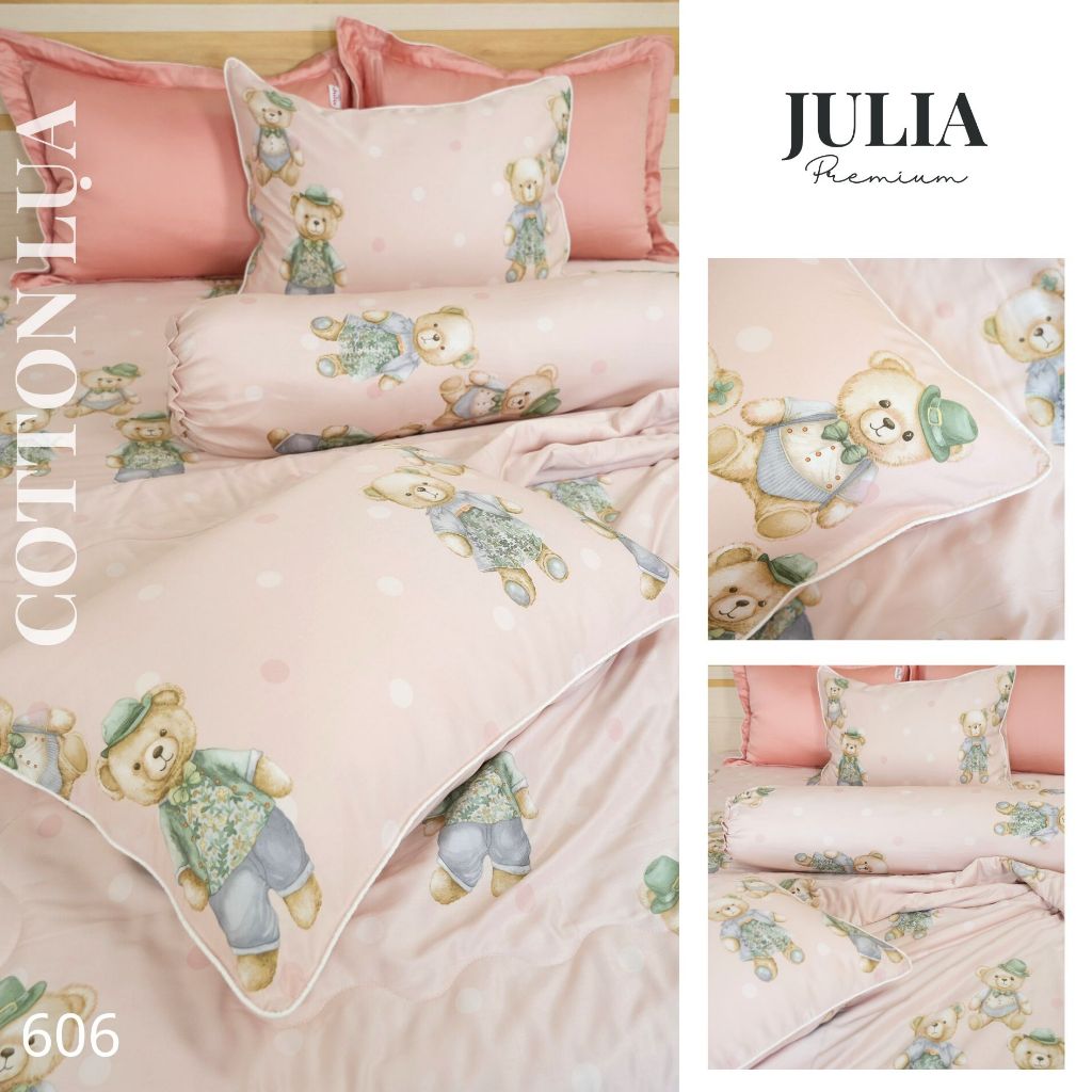 Julia Premium ชุดเครื่องนอนผ้าฝ้ายผ้าไหมเส้นใยธรรมชาติ 100% - ผ้าปูที่นอนนุ่ม Airy ยืดหยุ่น - หมีสีช