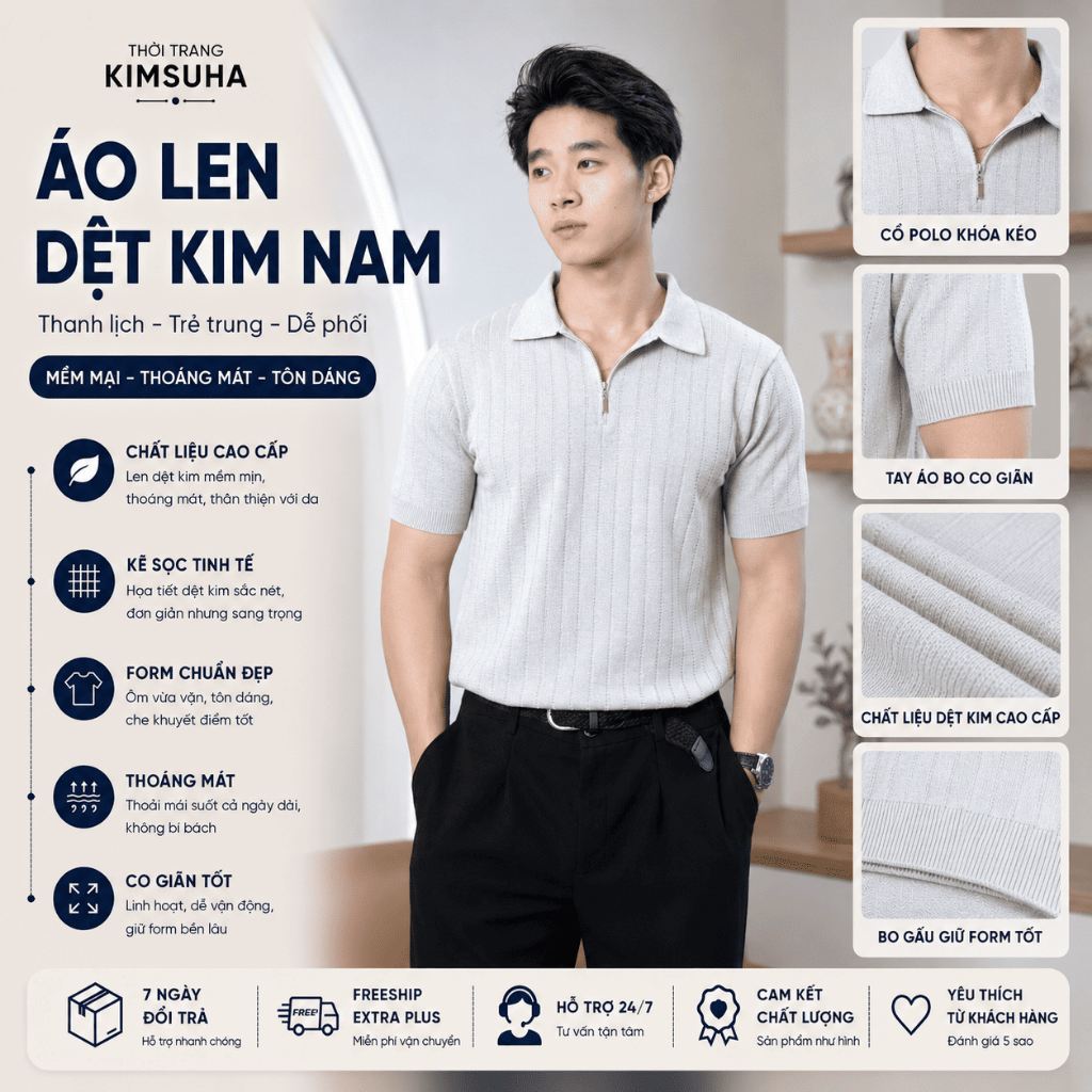 AMG Zipper Collar เสื้อโปโลถัก, ผู้ชายประณีตแนวตั้งลายเสื้อโปโลคุณภาพสูงซิปคอปก Slim Fit คอนซีลเลอร์