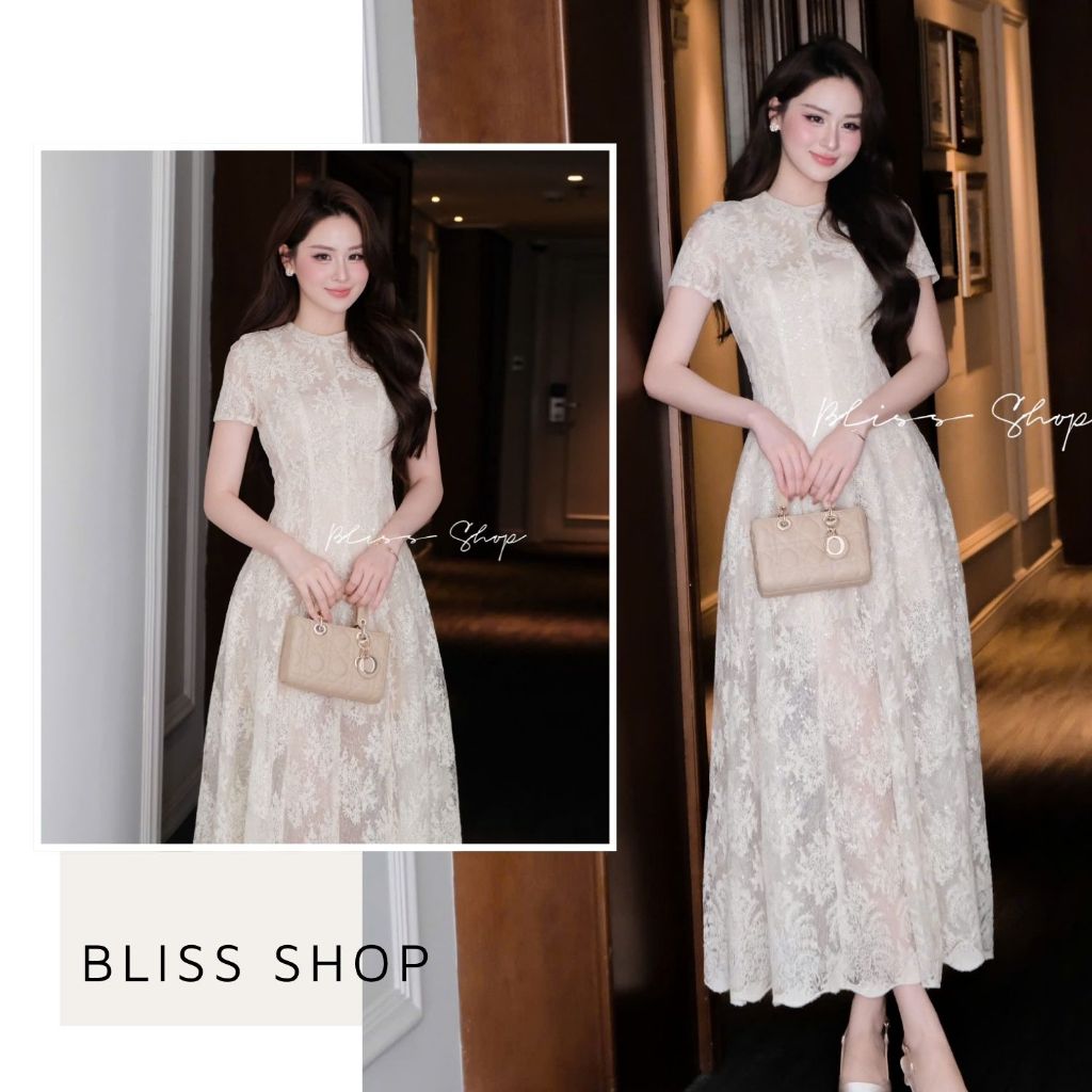 [การออกแบบระดับไฮเอนด์] Bliss Shop เดรสยาวคอกลมแขนสั้นผู้หญิงหรูหรา - V570