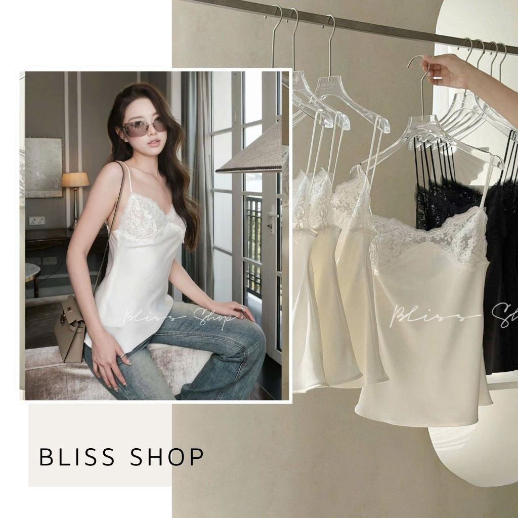 [ฤดูร้อน 2026] Bliss Shop เสื้อเชิ้ตผ้าไหม 2 ชิ้นเซ็กซี่พร้อมตัดแต่งลูกไม้ - A825