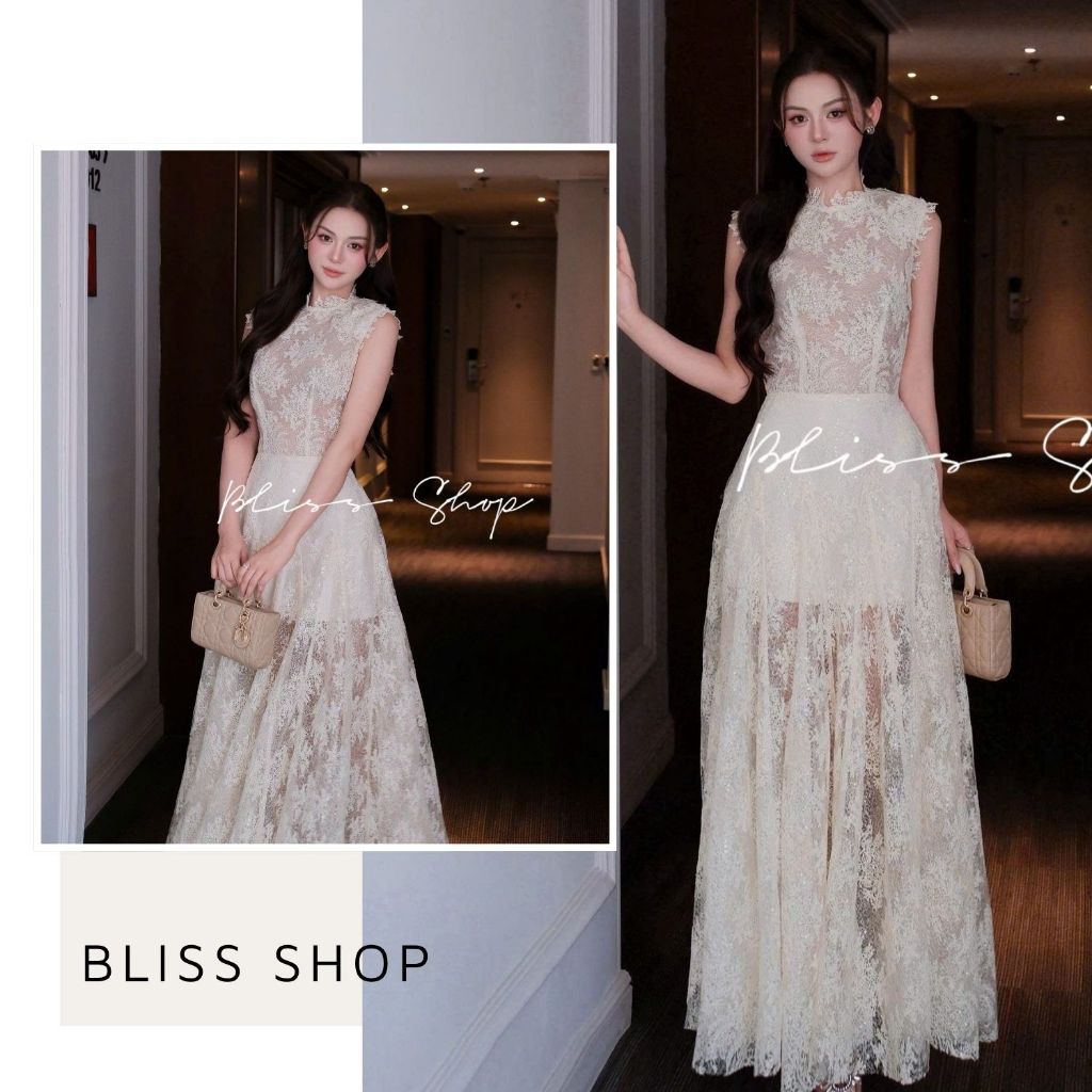 [การออกแบบระดับไฮเอนด์] Elegant Lady Bliss Shop ชุดเดรสแขนสั้นคอกลมลูกไม้ - V575