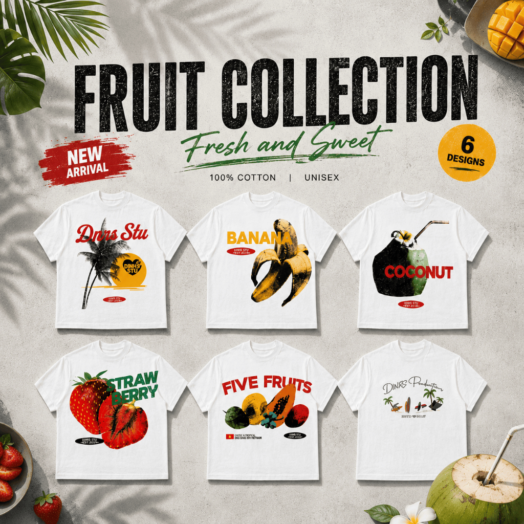 Fruit Collection Boxy Fit Unisex Graphic Tropical Fruit เสื้อยืดสําหรับผู้ชายและผู้หญิงแฟชั่น Retro