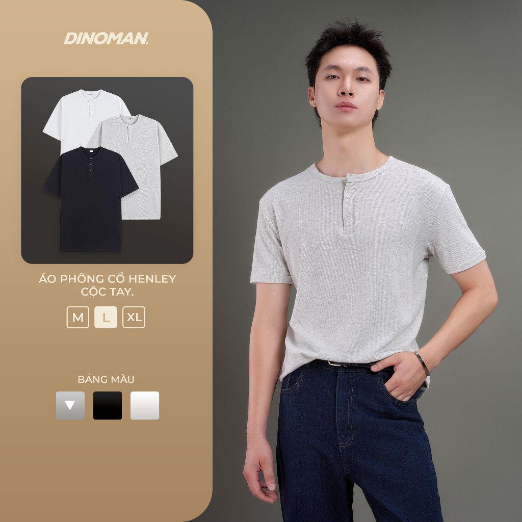 DINOMAN Form Cleanfit Henley เสื้อยืดแขนสั้น Flattering ผ้าฝ้ายนุ่มสบาย AP015