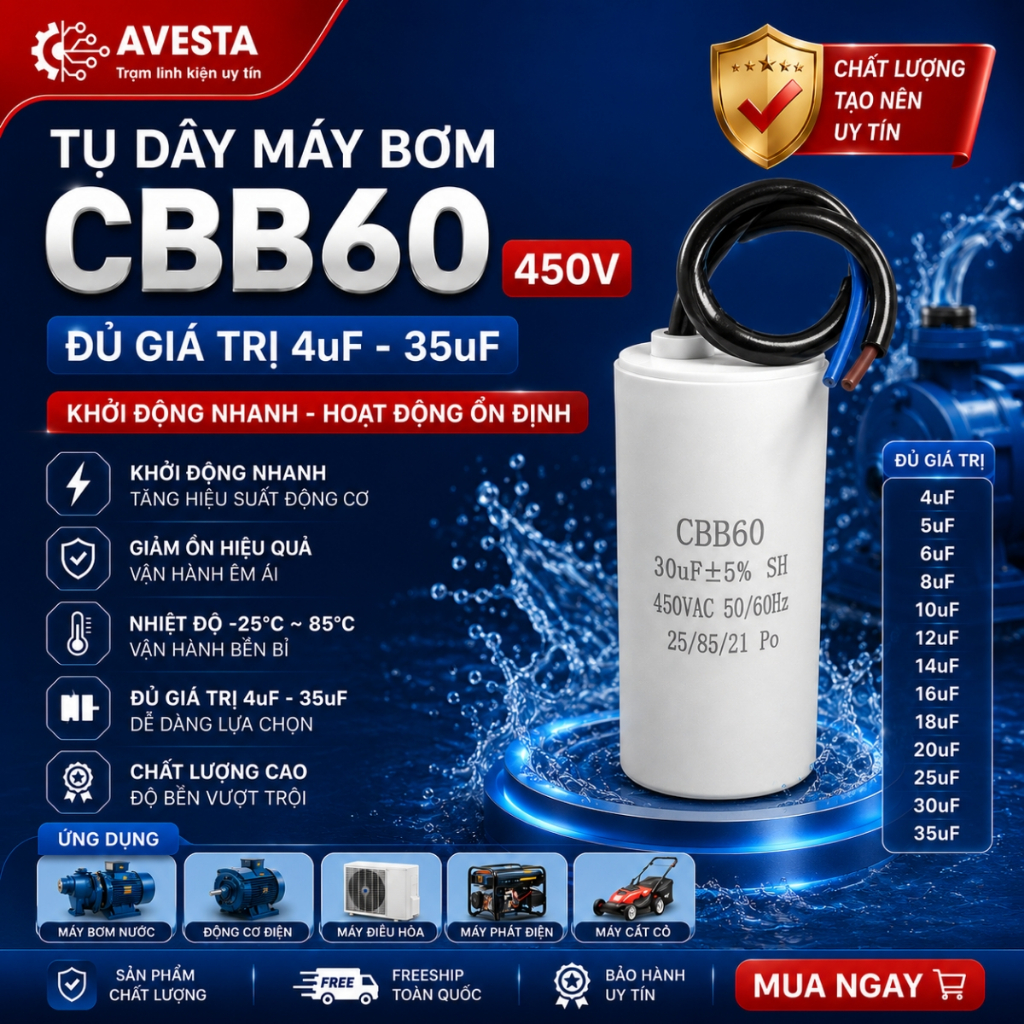CBB60 450V ตัวเก็บประจุปั๊มมูลค่าเต็ม 4uF ถึง 35uF Aveta เริ่มต้นอย่างรวดเร็ว