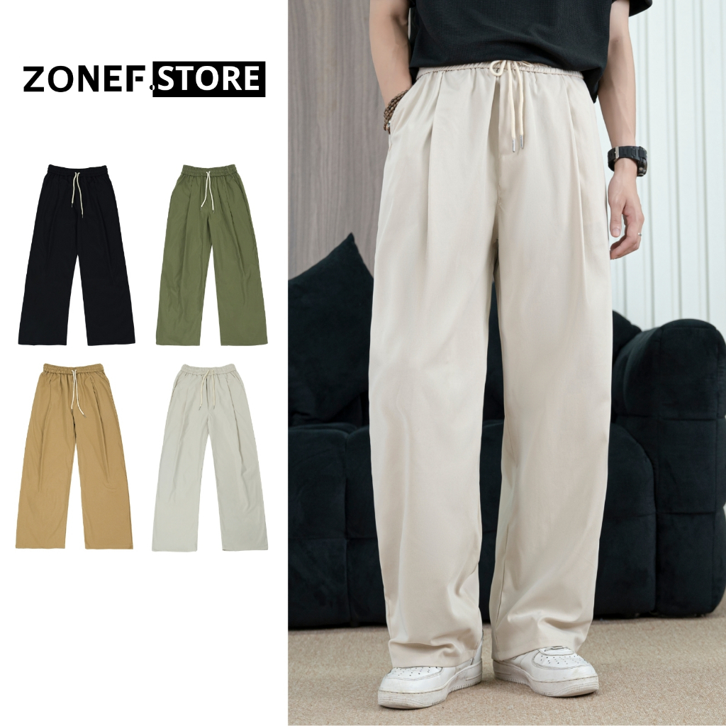 ZONF STORE กางเกงขากว้างสีกากีจีบจาก ZONEF STORE กางเกงขาตรงทําจากวัสดุ 2 ผิวสีกากี นุ่ม เย็นสบาย QKK