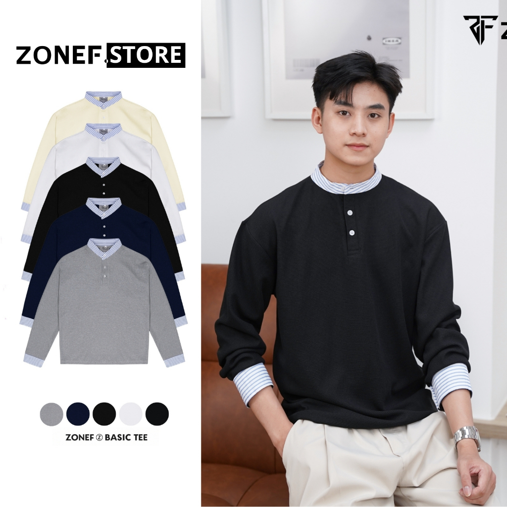ZONF STORE เสื้อยืดแขนยาวผ้ารังผึ้งพร้อมเสื้อลายสก๊อตสีฟ้า Henley ปุ่มคอปกแขนยาวเสื้อยืดสําหรับผู้ชา