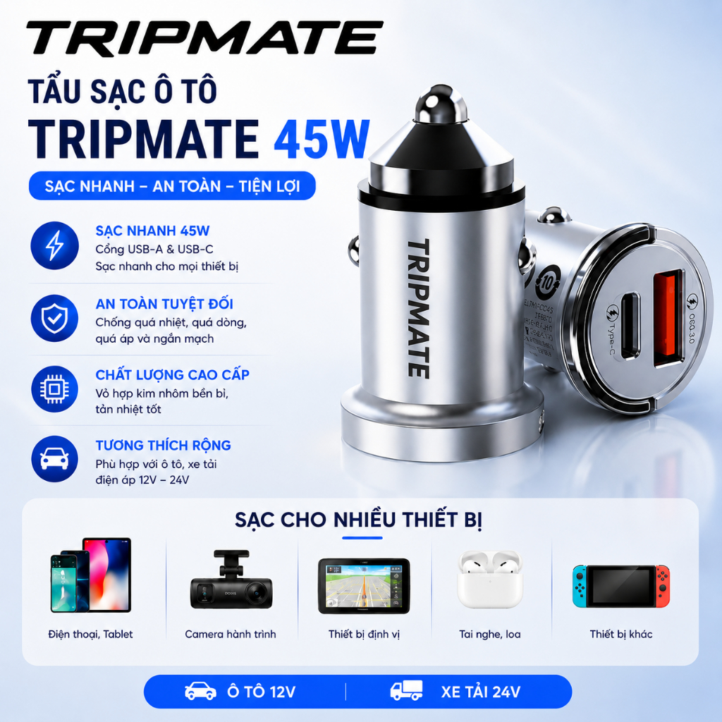 ที่ชาร์จในรถยนต์ TRIPMATE 45W รองรับ PD, PPS ชาร์จเร็ว, ระบายความร้อนได้เร็ว, ปลอดภัยแน่นอน...