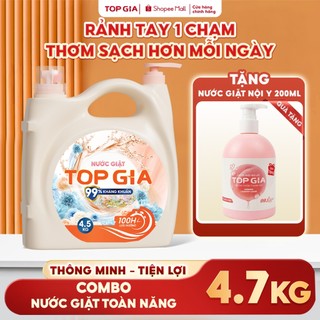 (Tặng Chai 200ML) Nước Giặt Xả TopGia 2 Vòi Can 4.5KG, Lưu Hương 100H, Kháng Khuẩn 99% Thơm Dịu Nhẹ