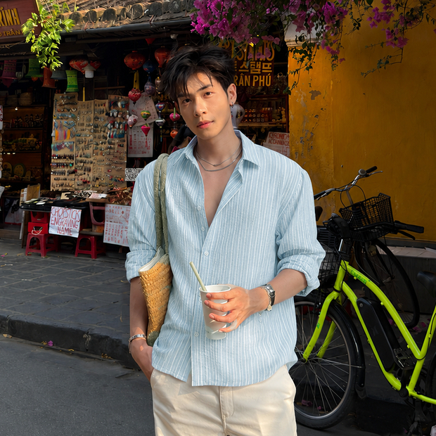 Halley เสื้อเชิ้ตผ้าลินินลายสก๊อตเสื้อเชิ้ตแขนยาวผู้ชาย Cool Thin Light Summer Travel Outing A62