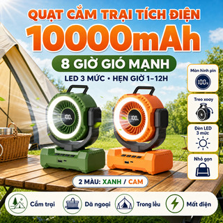 Quạt Cắm Trại 10000mAh Có Đèn LED, Hiển Thị Pin, Treo Xoay 360°, Hẹn Giờ 1-12H, Dùng Liên Tục 8 Giờ