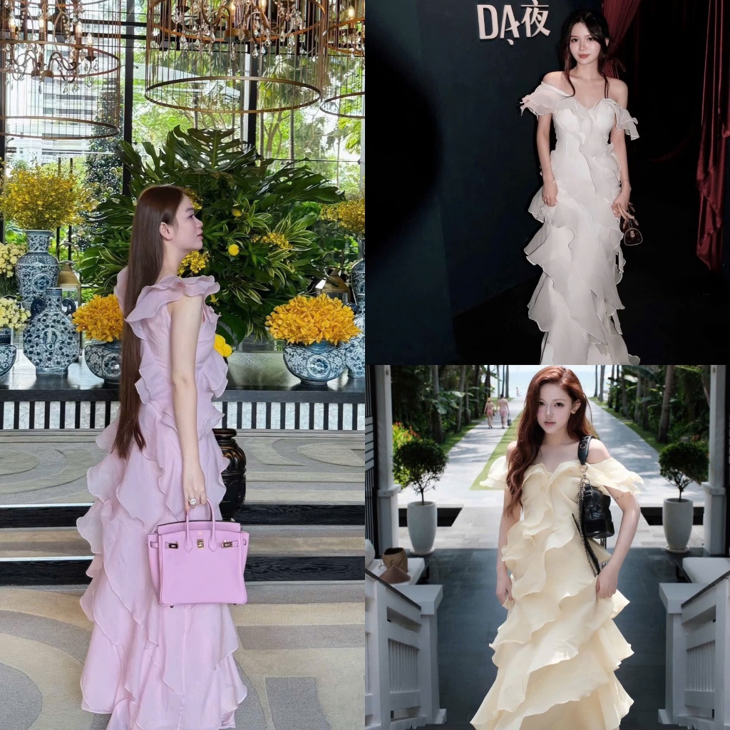 SHYN Closet Layered Maxi Dress 3D Ruffles Off Shoulder Long Muse Party และ Travel
