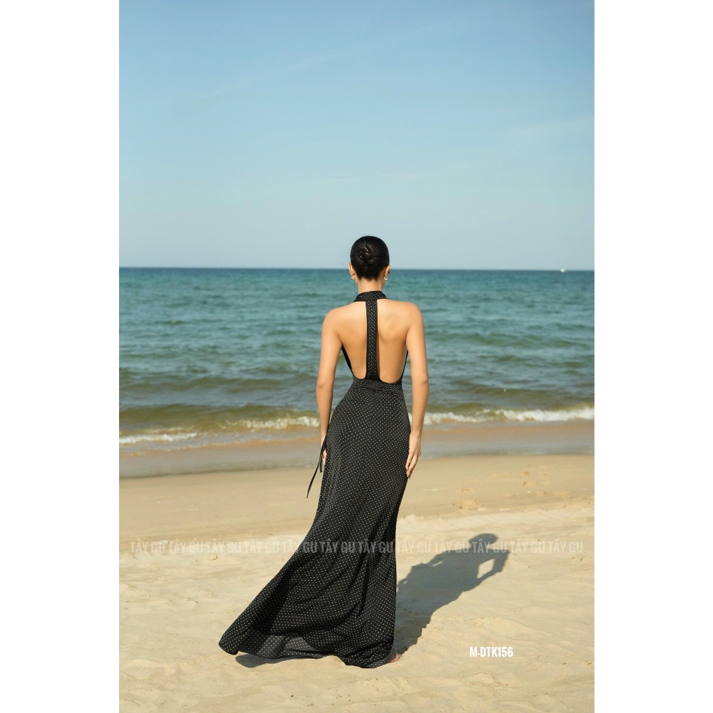IRINA Taygu เดรสคล้องคอสีดําตัวยาว- DTK156