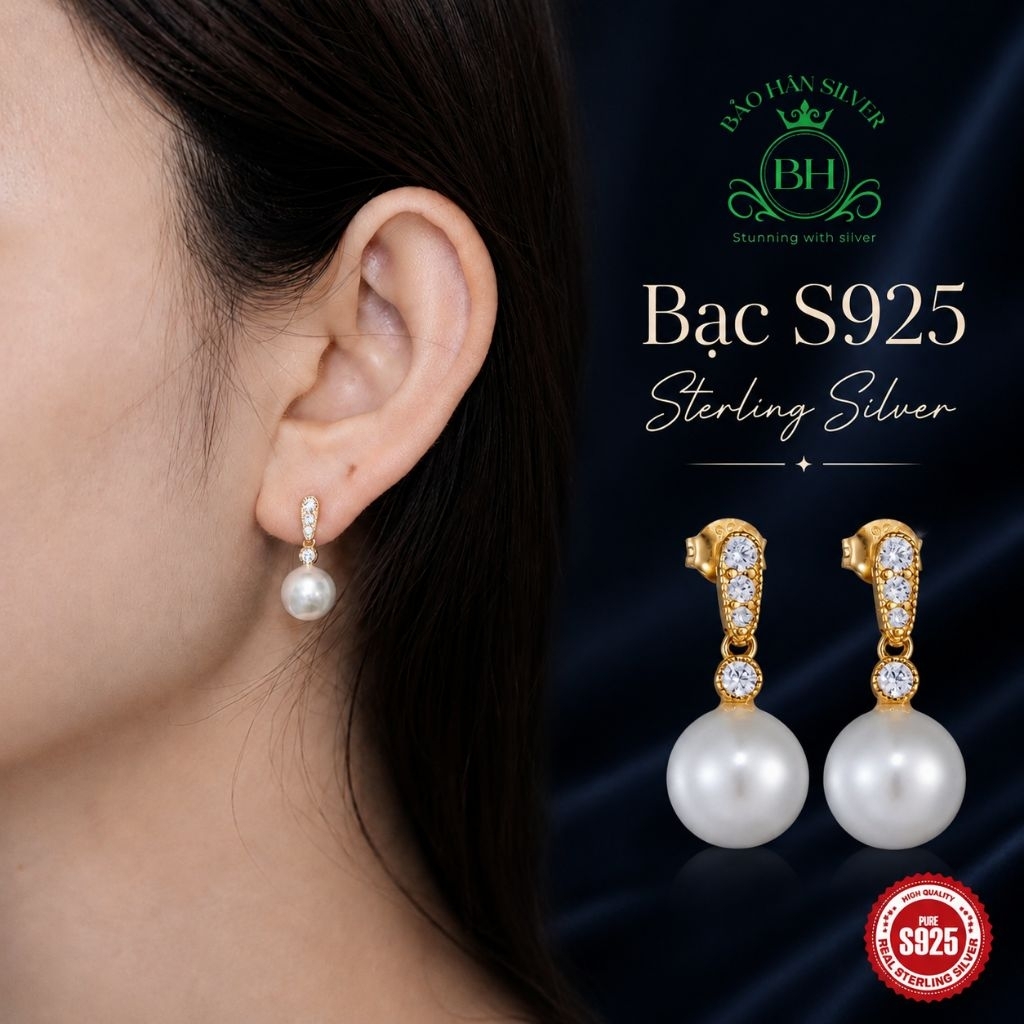 ต่างหูเงินแท้ 925 คุณภาพสูง ต่างหูมุกเงินผู้หญิงพร้อมหิน Cubic Zirconia 5A Bao Han Silver BH0050S
