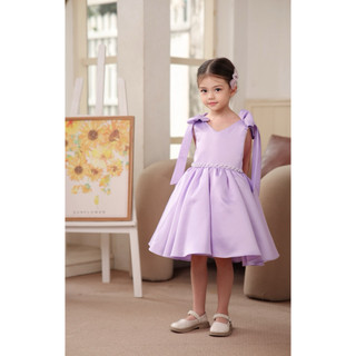 Váy Công Chúa Cho Bé Gái Thiết Kế Cao Cấp - Đầm Dự Tiệc, Thôi Nôi Taffeta Tím Pastel Đính Ngọc Trai Thắt Nơ Vai
