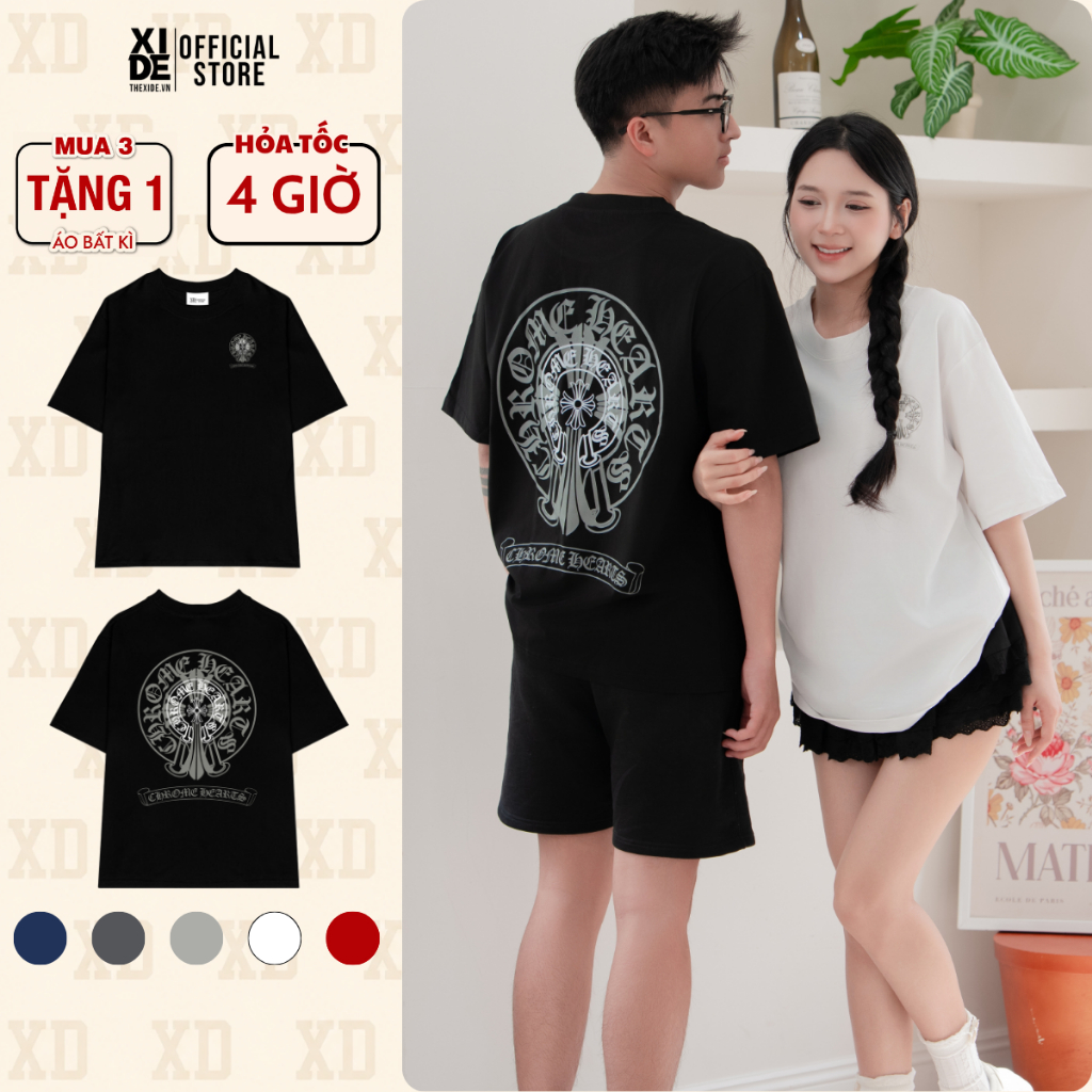 เสื้อยืดผู้ชาย Xide, Chorme Hearts เสื้อยืดทรงหลวมผู้หญิง Unisex คอกลม ผ้าฝ้ายคุณภาพสูงสุดเท่
