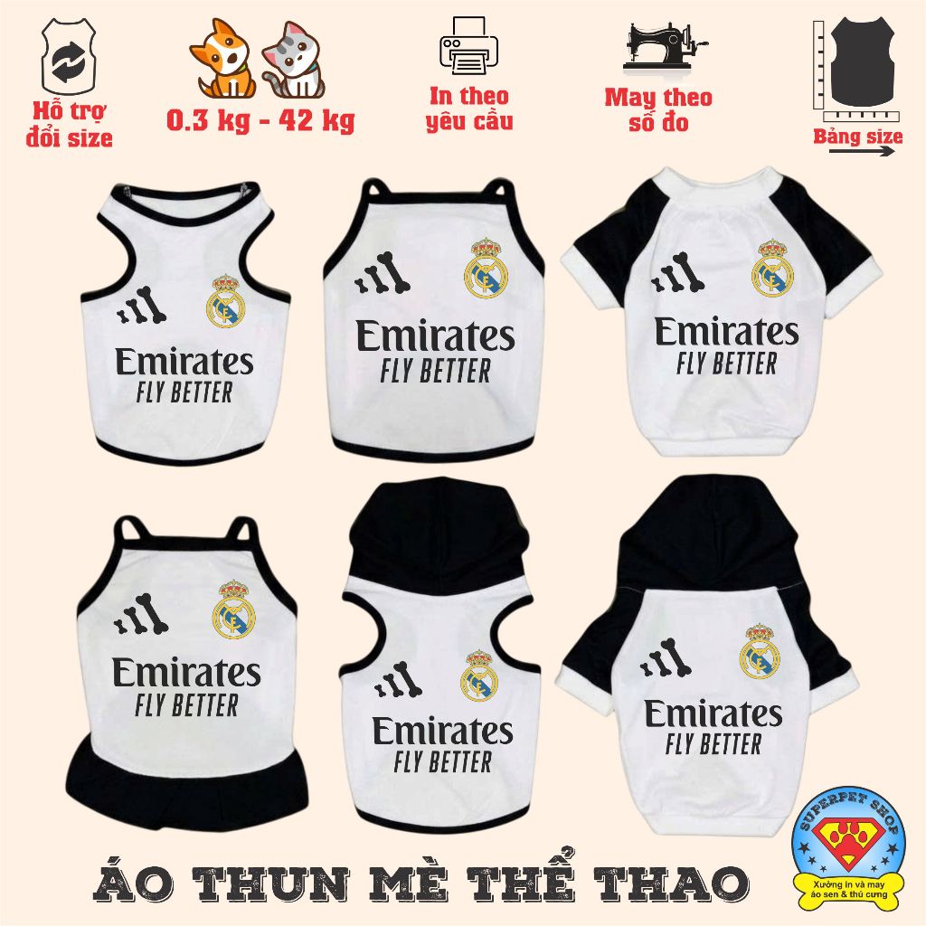 เสื้อสุนัขและแมวฤดูร้อน - REAL MAD.RID EMIRATES FOOTBALL CLUB LOGO - BLACK AND WHITE - Superpet Shop