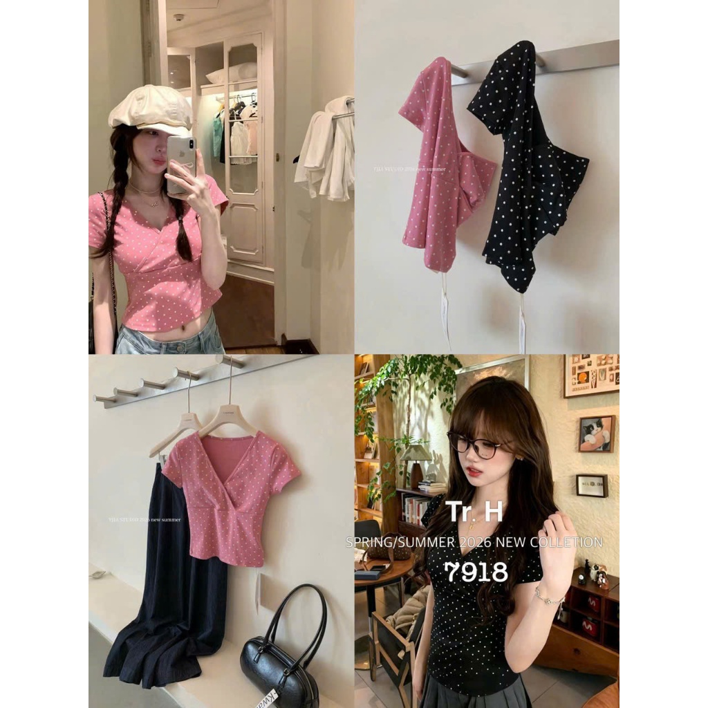 Ms 7918 เสื้อเชิ้ตคอวีลายจุด