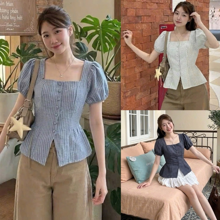 เสื้อเชิ้ตติดกระดุมคอเหลี่ยมผู้หญิง Ulzzang Style H TNK06