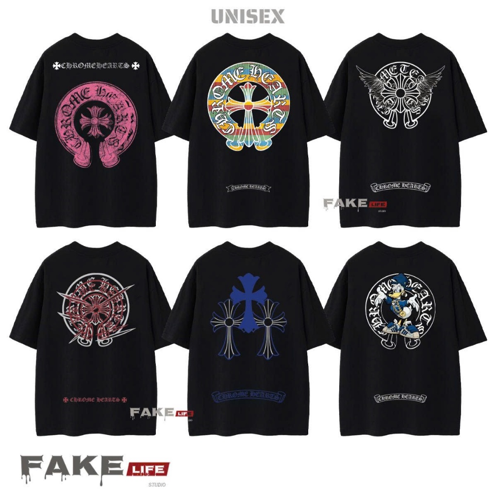 [CHORME HEARTS COLLECTION] เสื้อยืดพิมพ์ลาย FAKE LIFE Unisex MODEL จากผ้าฝ้ายพื้นฐานหลวมเท่