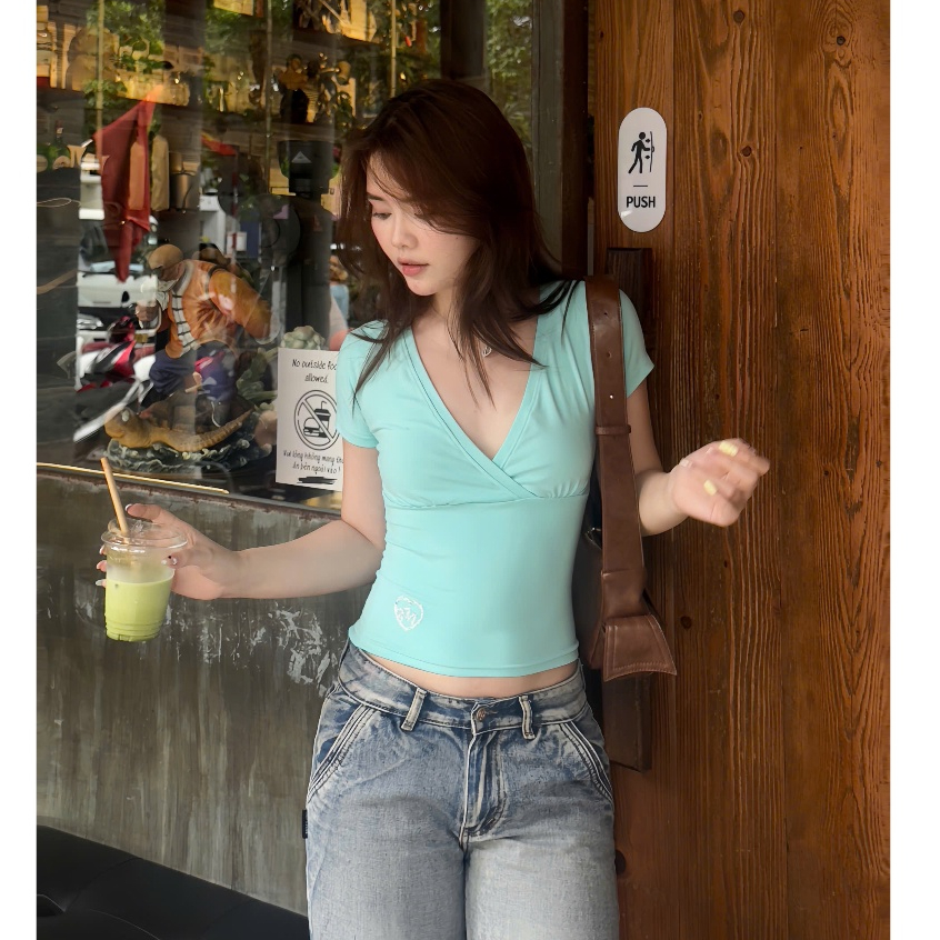 Ballet Top Migcool เสื้อยืดคอวีผู้หญิง bozip ยืดใส่สบายสําหรับฤดูร้อน 2026 A19