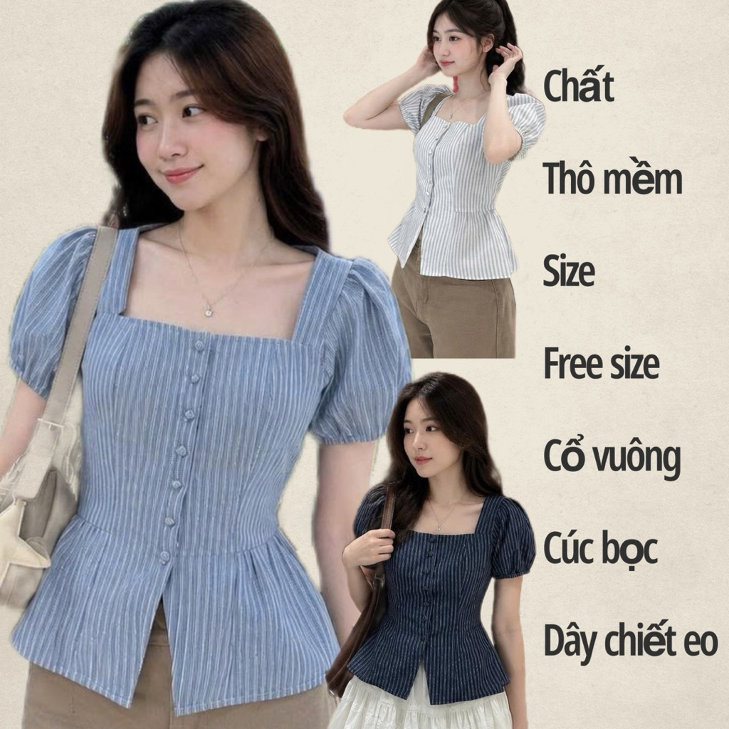LOVITY TNK06 เสื้อเชิ้ตคอเหลี่ยมเข้ารูปแฟชั่นสตรีแขนพองและกระดุม
