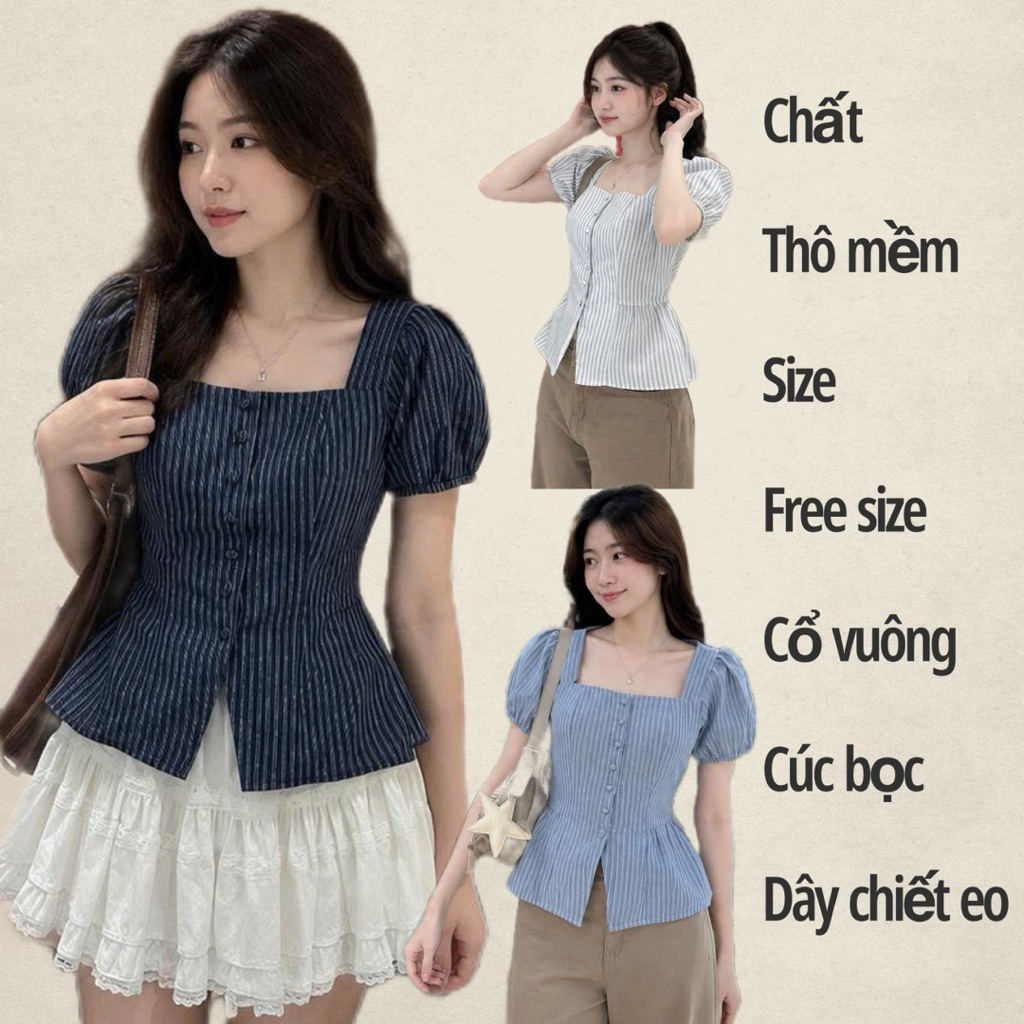 LOVITY TNK06 เสื้อเชิ้ตกระดุมคอเหลี่ยมลายทางเกาหลีพร้อมขอบเอว