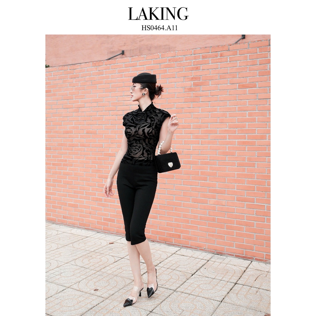 LAKING -- กางเกงโซ่ Capri สีดํากางเกงสีดํา+โซ่สีดําและสีเหลือง (Q9596)