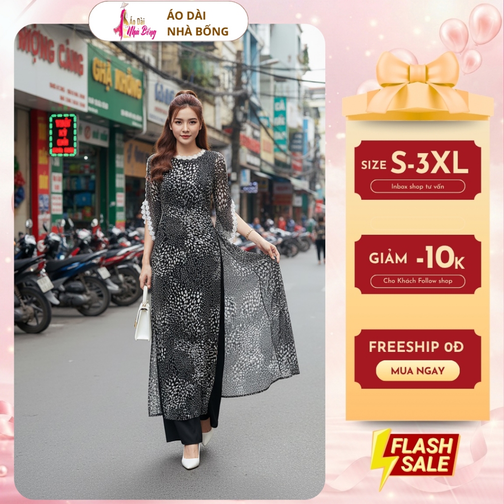 Renovated Ao Dai พร้อมชีฟองลูกไม้แอปริคอท 4 ชิ้น AD058 - คุณภาพสูง 4 ชั้น Ao Dai Bigsize S-3XL หรูหร