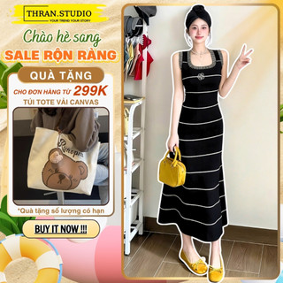 Đầm body dáng dài Thran.Studio Váy 2 dây bản to maxi chất thun tăm tôn dáng gợi cảm phối cardigan hợp đi tiệc đi biển