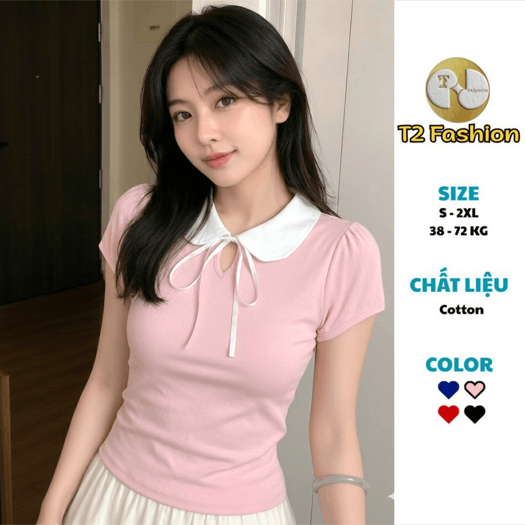 เสื้อยืดคอปกดอกบัวสําหรับผู้หญิงผูกโบว์ดีไซน์คัตเอาท์ทรงหยดน้ําผ้าฝ้าย T2 - T2604