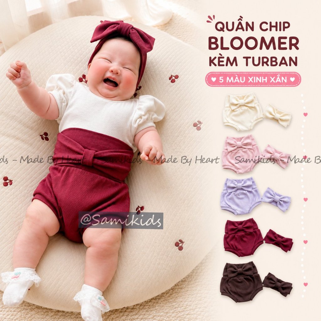 (204) bloomer chip Set พร้อมผ้าโพกหัวโบว์ สําหรับทารก ผ้าฝ้ายริบนุ่ม 3-15kg SQ204CG