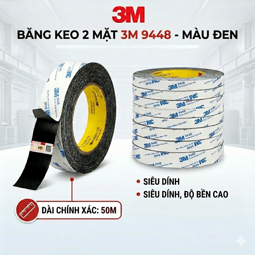 3M Double Sided Tape 9448 BLACK GLUE ยาว 50 ม. พร้อมแสตมป์แท้