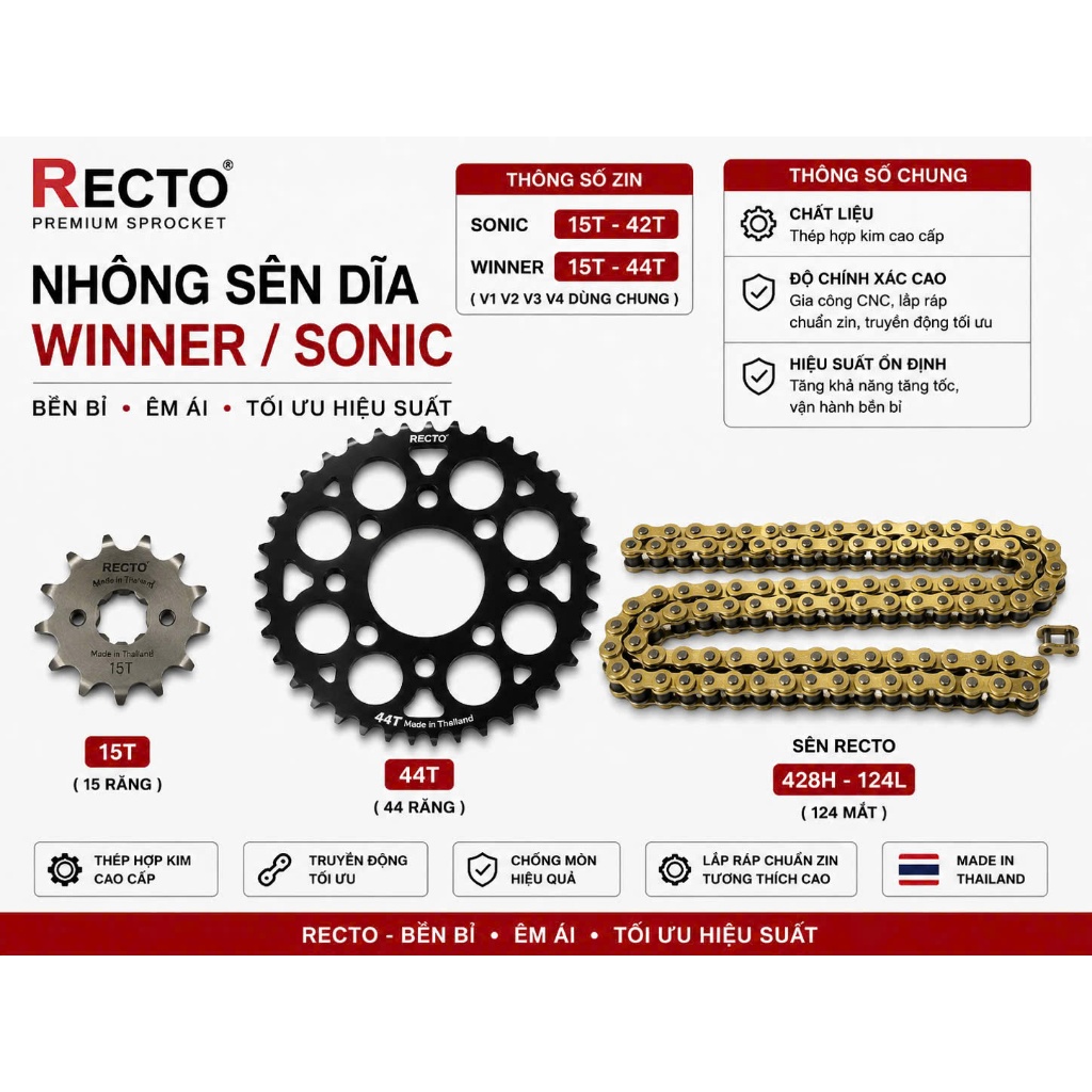 เฟืองโซ่ RECTO สําหรับ Sonic / Winner V1 V2 V3 ทุกขนาด: 36T -> 46T 9L โซ่ 100% ของแท้ RECTO = = = = 