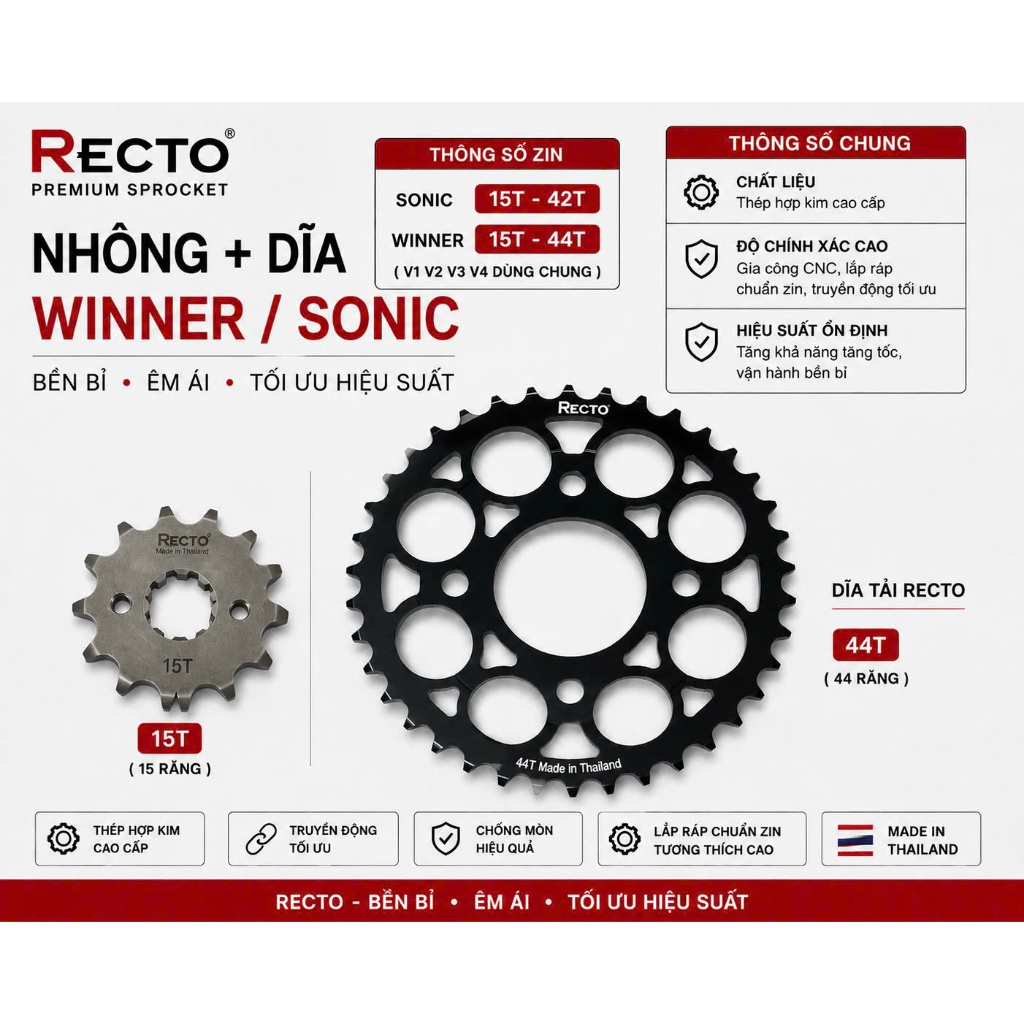 Recto Sprockets + ส้อมสําหรับ Sonic / Winner V1 V2 V3 (ทุกขนาด 36T - 46T) ของแท้จากประเทศไทย >>>