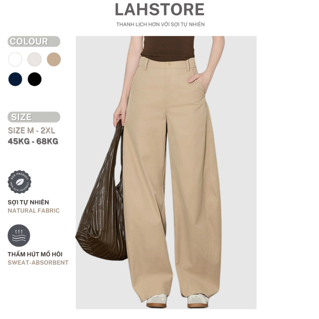 LAHSTORE กางเกงขาตรงโค้งผ้าลินินดิบคุณภาพสูงเอวสูงและเป้าสั้น QD15 (Light Beige, Black, White)