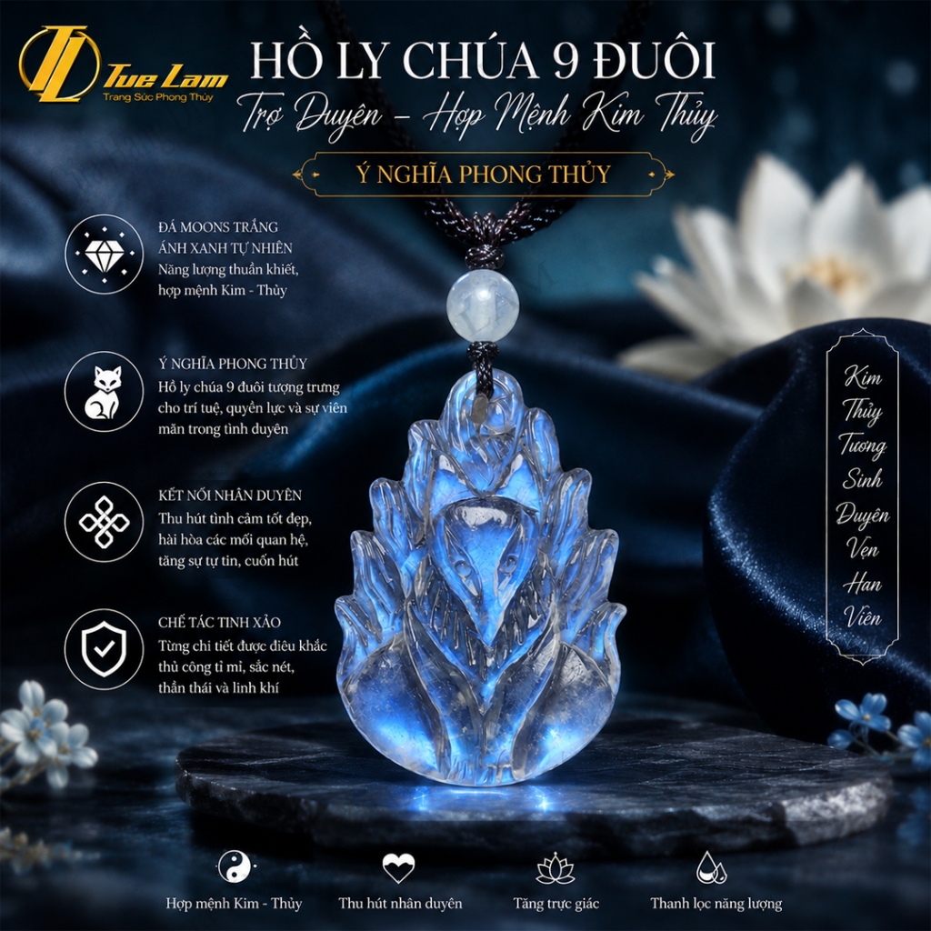 Dây chuyền mặt hồ ly chúa 9 đuôi xòe moons trắng ánh xanh hợp mệnh kim thủy trợ duyên - DIY TUỆ LÂM