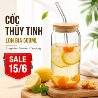 Ly Thủy Tinh Chịu Nhiệt có Nắp Tre và Có Ống Hút Thủy Tinh 500ml - Gia dụng Thu Hương