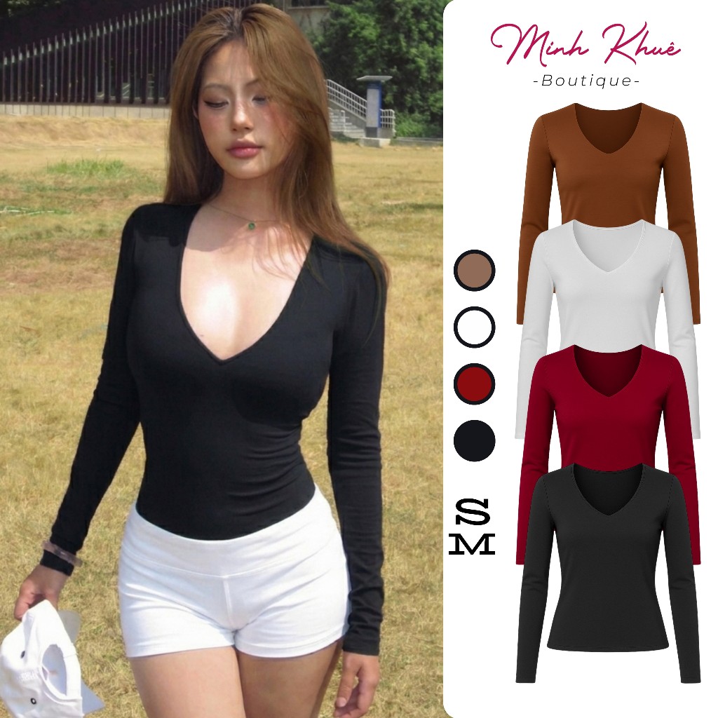 เสื้อยืดแขนยาวคอลึก Brip Elastic สไตล์ Slim Long เซ็กซี่ Bodycon DD143 Minh Kue Boutique
