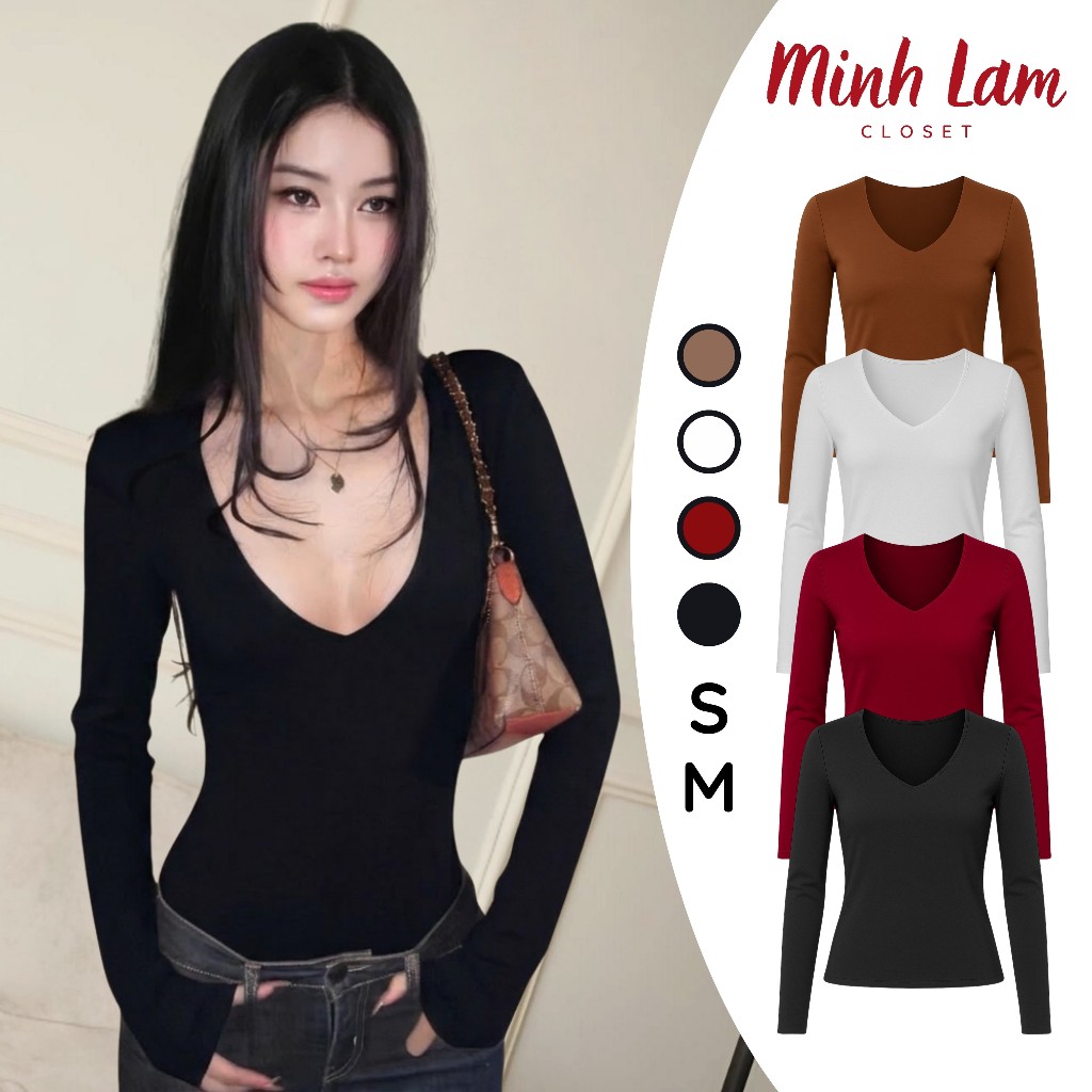 Borip DD143 DEEP HEARTNECKLACE เสื้อเชิ้ตแขนยาว, เสื้อยืดเข้ารูปคอปกแยกลึกของผู้หญิง Minh Lam Closet