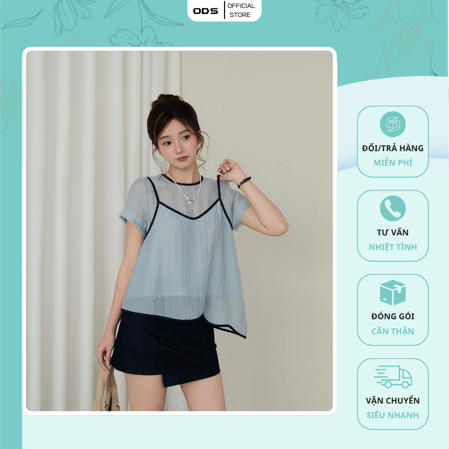 ชุดเสื้อเชิ้ตผ้าไหม ODS สีฟ้า ดีไซน์เสื้อคล้องคอสีน้ําเงินและสีดํา + เสื้อหลวมคอกลมแขนสั้น lo-ve - J