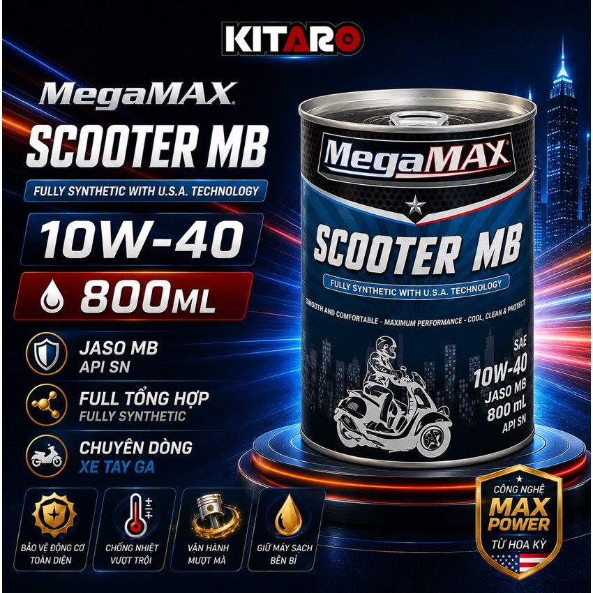 MegaMax Scooter MB 10W40 น้ํามันหล่อลื่นสกู๊ตเตอร์สังเคราะห์เต็มรูปแบบ 800ml API SN JASO MB
