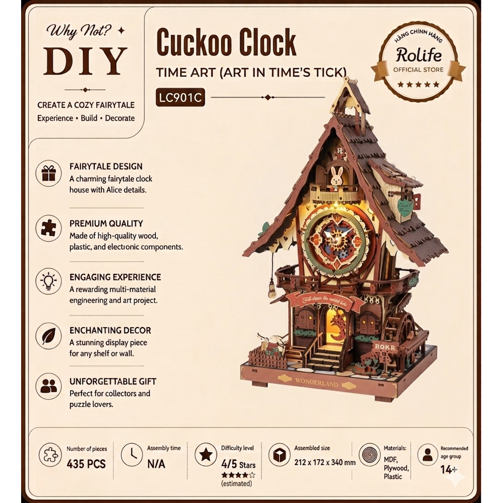 DIY Assembled 3D Wooden Model ROKR LC901C - Cuckoo Clock Wonderland Cuckoo Clock มีไฟและเสียง