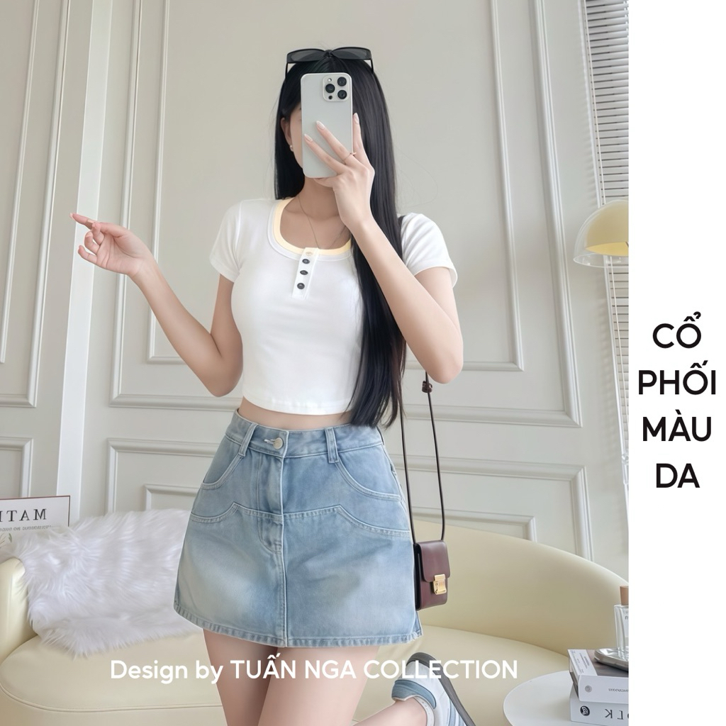 TUAN NGA COLLECTION เสื้อยืดคอเหลี่ยมผู้หญิงคละสีและกระดุมผ้าฝ้ายเนื้อนุ่มและยืด