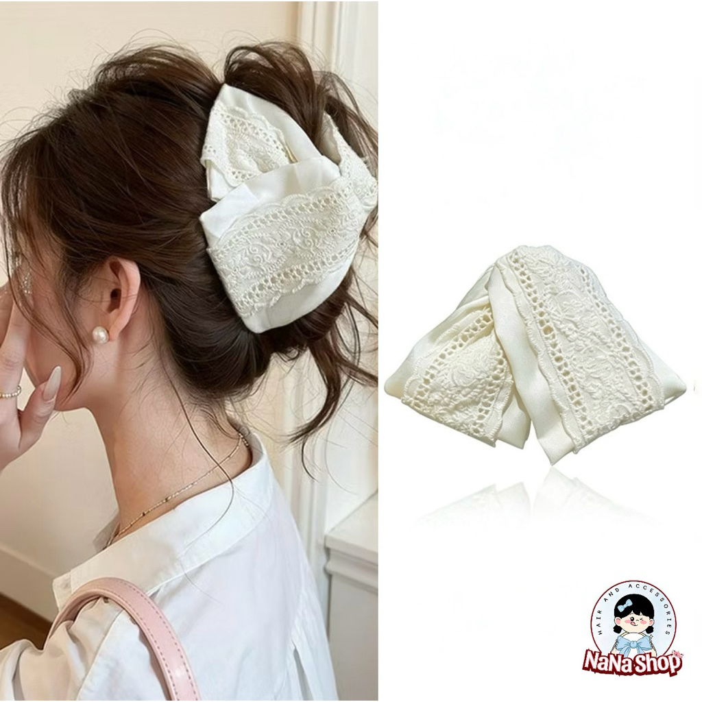 Balletcore Lady Silk Lace Bow Hairpin, Luxury Large Hair Bun Clip NaNa Shop