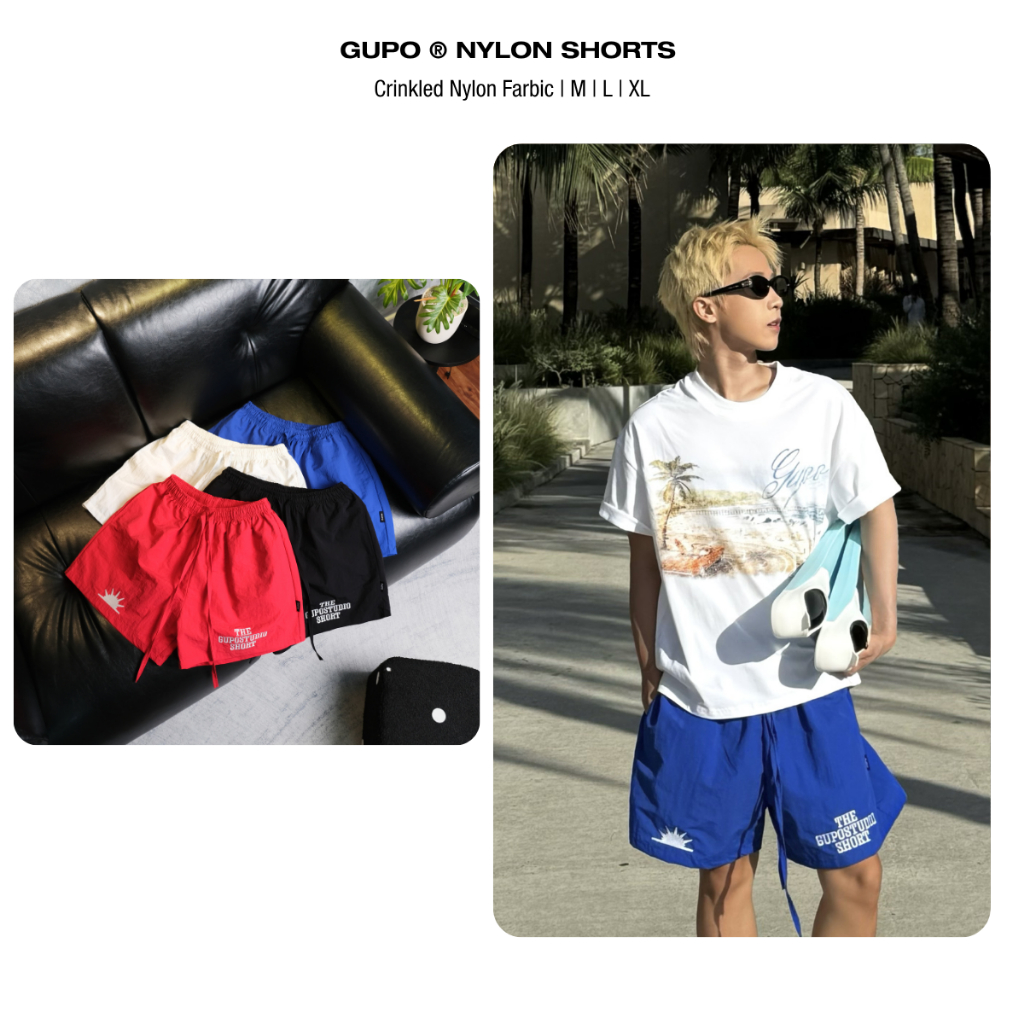 GUPO กางเกงขาสั้นร่มชูชีพ Unisex คุณภาพสูงทรงหลวมเหนือเข่าปักโลโก้ - GS04P