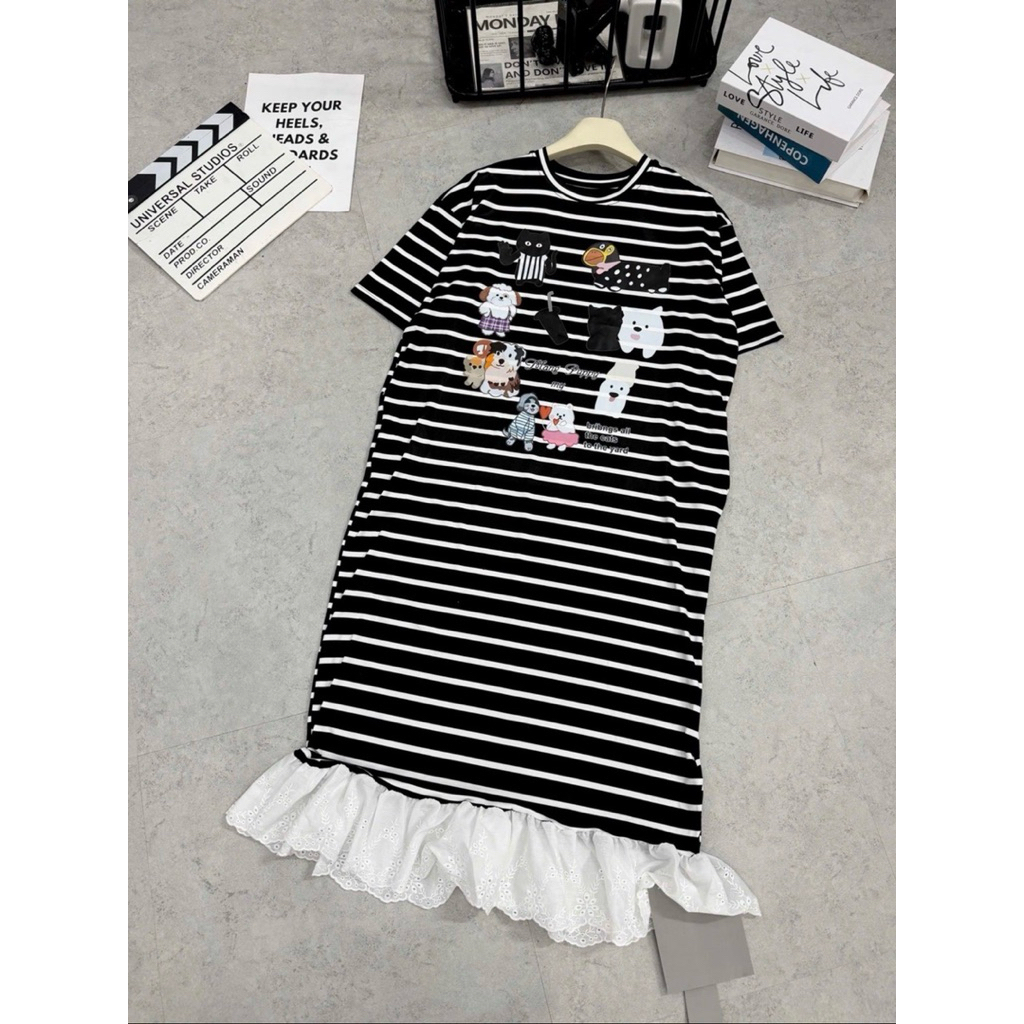 STRIPED DRESS WITH BEAR TAG (D368) ฟรีไซส์ 60-90kg - Bigsize เยนเงิน