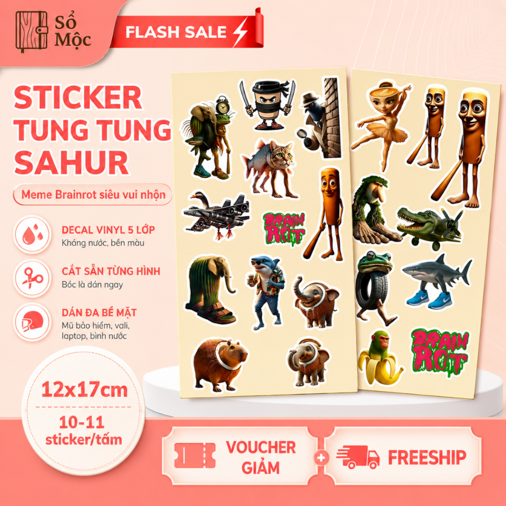 [COMBO 4 SET] Tung Sahur Meme Sticker - Brainrot Meme Sticker for Helmets, Suitcases, Water Bottles,