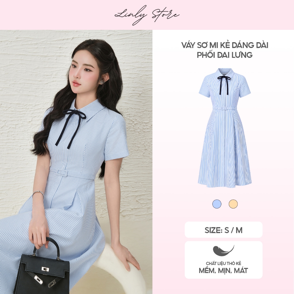 Linly Store เดรสเชิ้ตลายสก็อตตัวยาวพร้อมเข็มขัด เดรสผู้หญิงทรงตรงมีโบว์นาง V-SM2