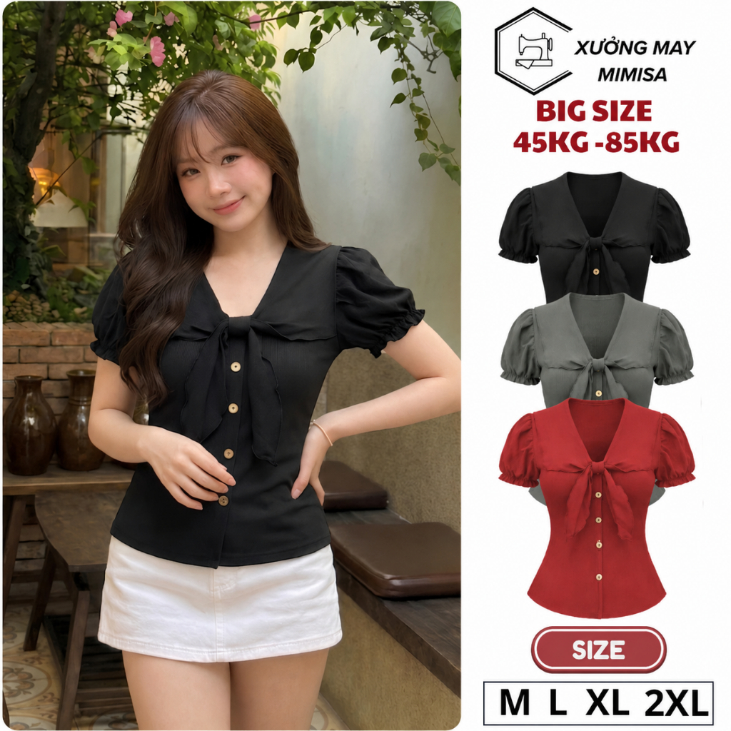 เสื้อยืดผู้หญิงคอเต่ากระดุมโบว์ MIMISA A589 Elastic Puff Sleeve Size ML XL 2XL