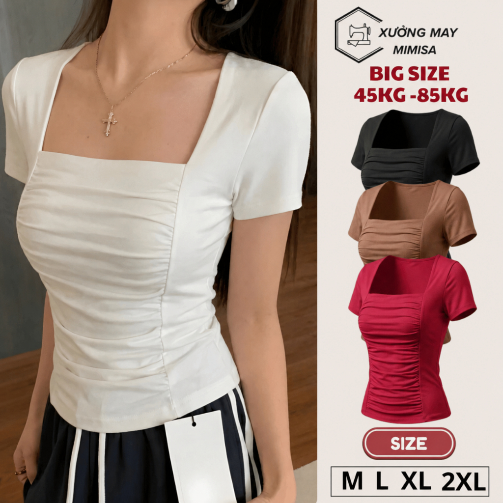 MIMISA A596 เสื้อยืดคอเหลี่ยมผู้หญิงแขนสั้นน้ําหนักเบา Slim Form Size ML XL 2XL